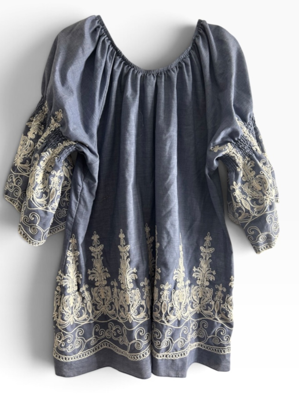 Country Living Blue Chambray Boho Peasant Tunic Blouse White Embroidery Sz 2XL